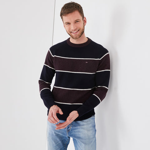 Navy and plum striped wool round-neck sweater - Image 1