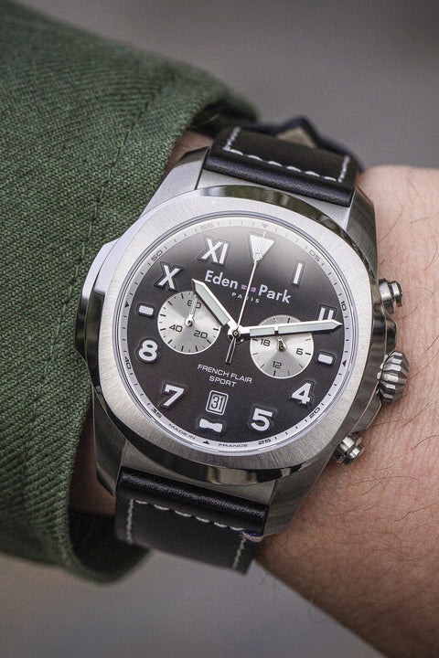 Montre à quartz chronographe en cuir noir - Image 3