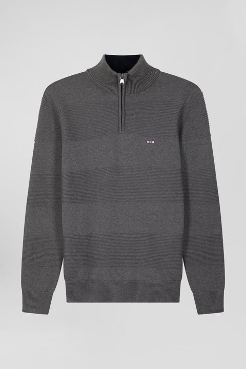 Pull col camionneur en coton gris effet de rayure - Image 1