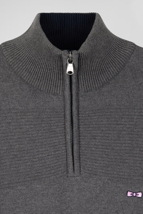 Pull col camionneur en coton gris effet de rayure - Image 3