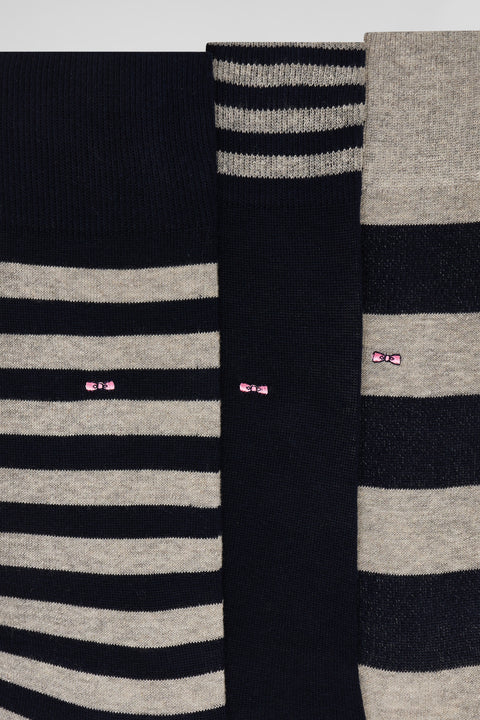 Lot de trois paires de chaussettes rayées grises et marine - Image 3