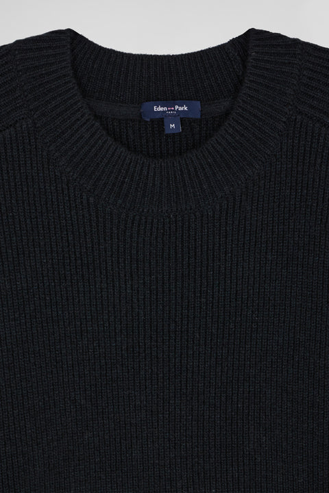Plain round-neck sweater in black wool and cashmere, regular fit - Image 3