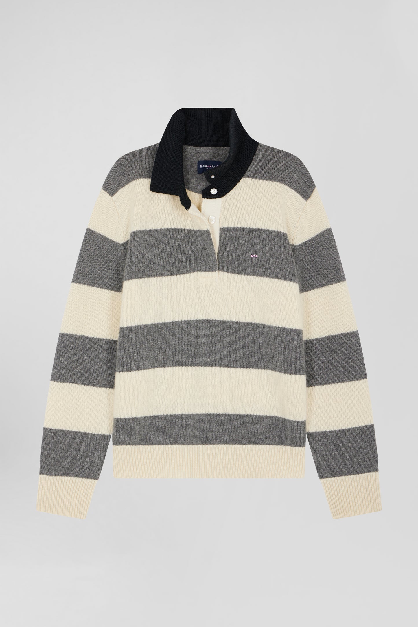 Light grey and ecru striped wool and cashmere polo-neck sweater