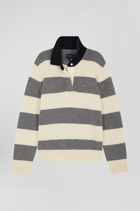 Light grey and ecru striped wool and cashmere polo-neck sweater - Image 1