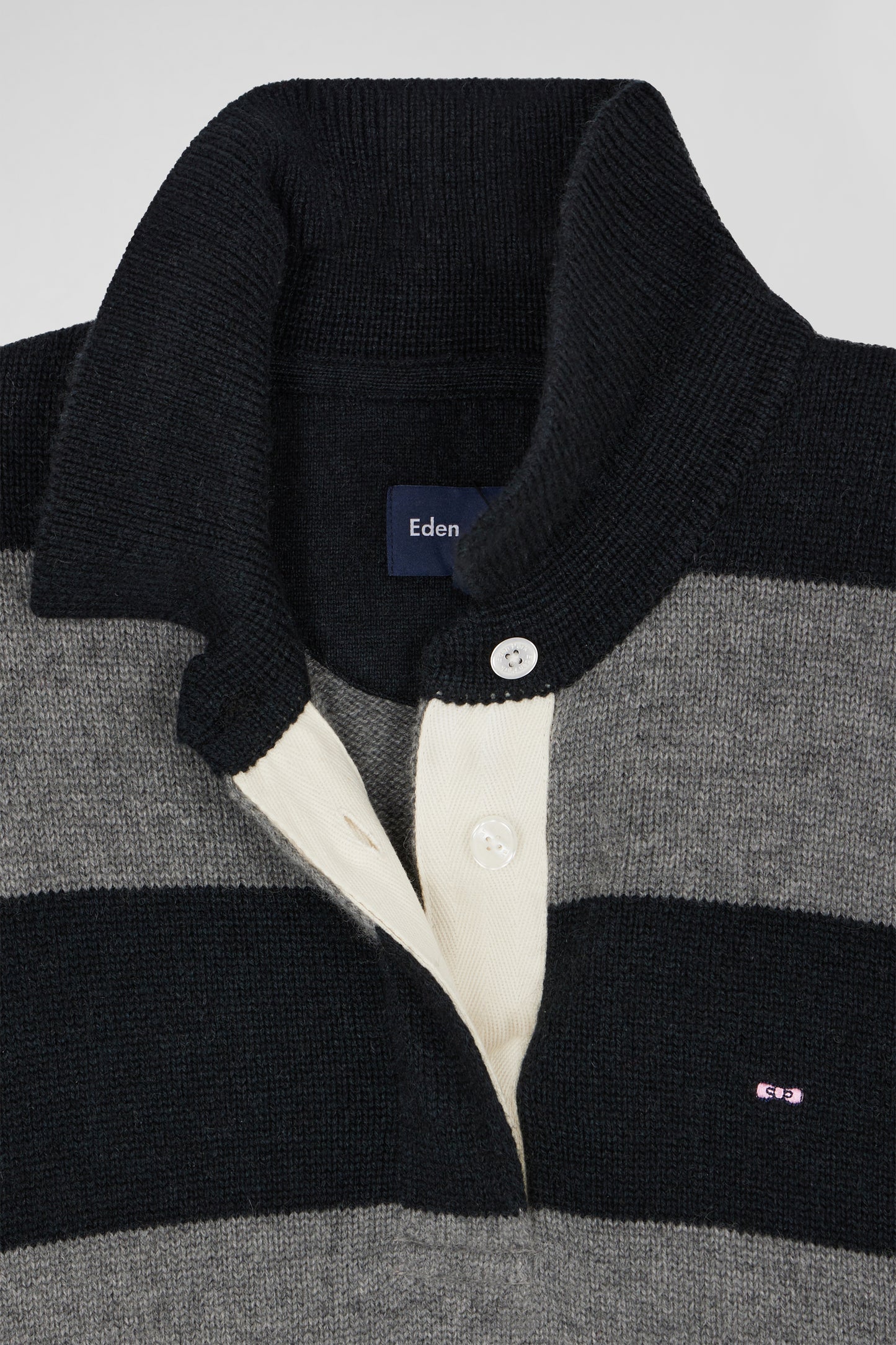Black and grey striped wool and cashmere polo-neck sweater