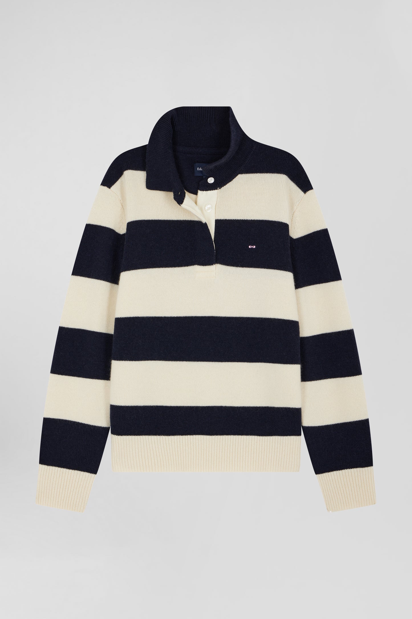 Navy blue and ecru striped wool and cashmere polo-neck sweater