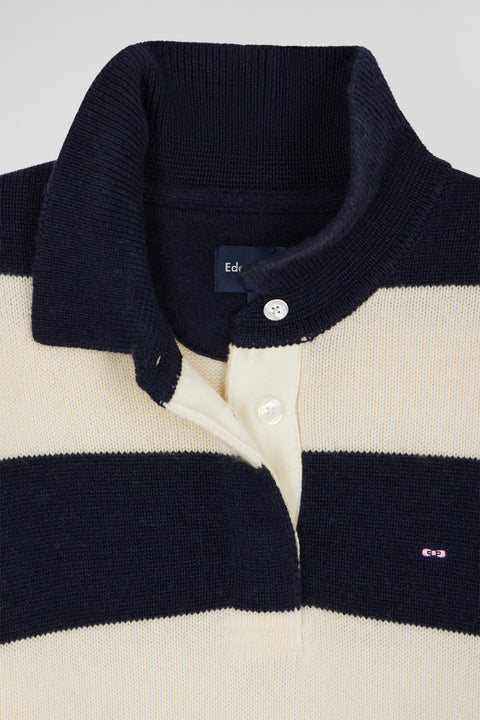 Navy blue and ecru striped wool and cashmere polo-neck sweater - Image 3