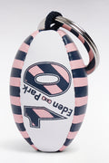 Porte-clefs ballon de rugby cerclé blanc et rose