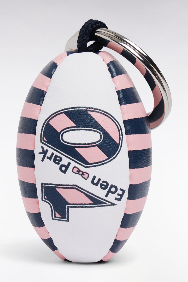 Porte-clefs ballon de rugby cerclé blanc et rose
