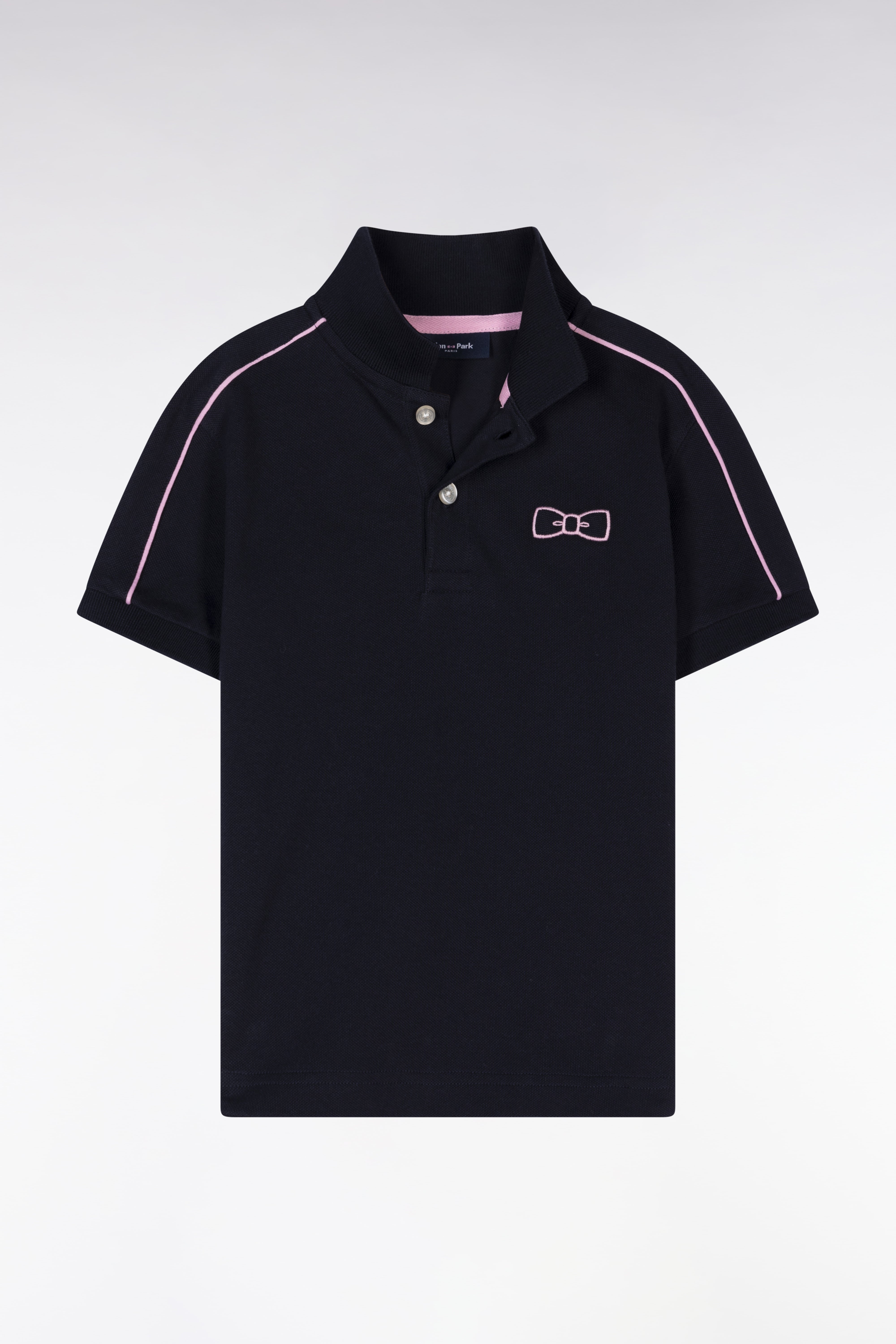 polo a maniche corte in piqué di cotone blu navy con passepoil rosa vestibilità dritta