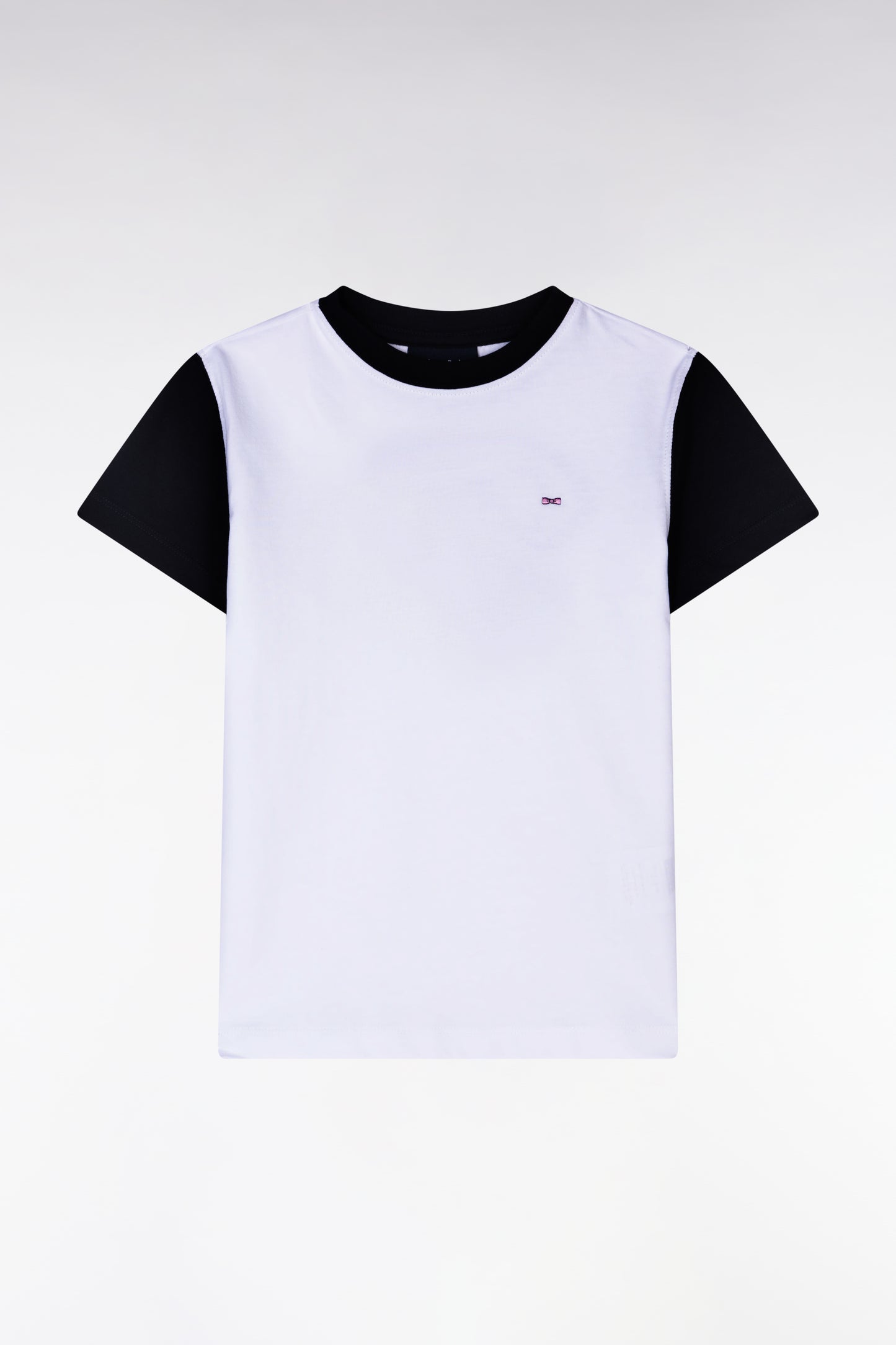 Navy and white cotton T-shirt with hooped back embroidery, straight cut
