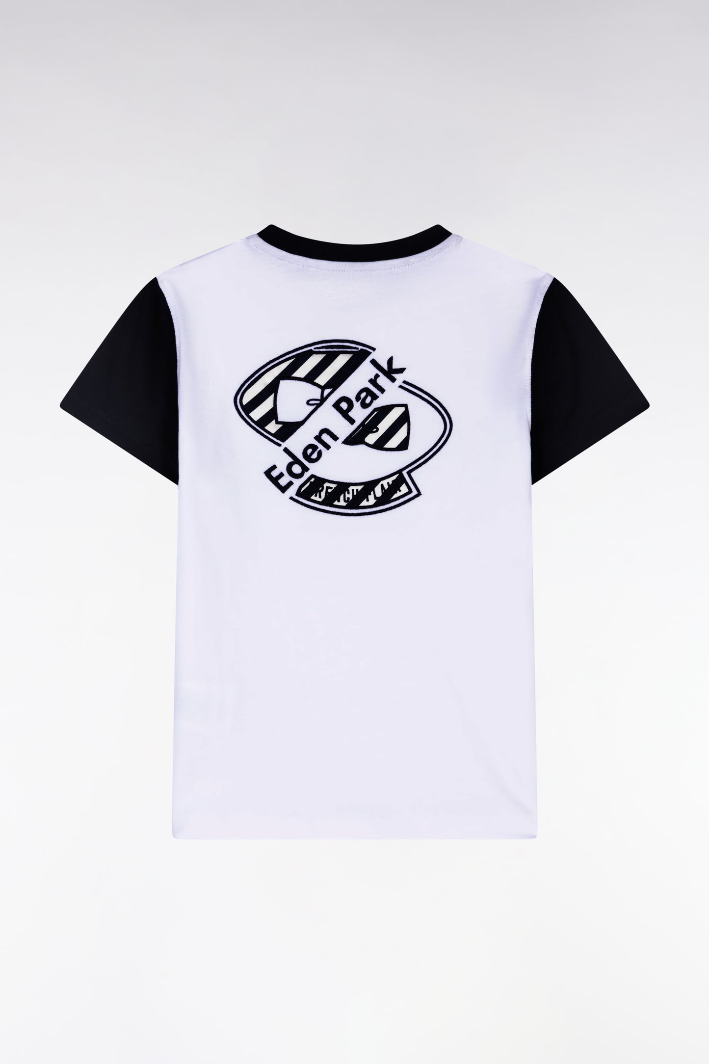 Navy and white cotton T-shirt with hooped back embroidery, straight cut