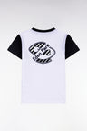Navy and white cotton T-shirt with hooped back embroidery, straight cut