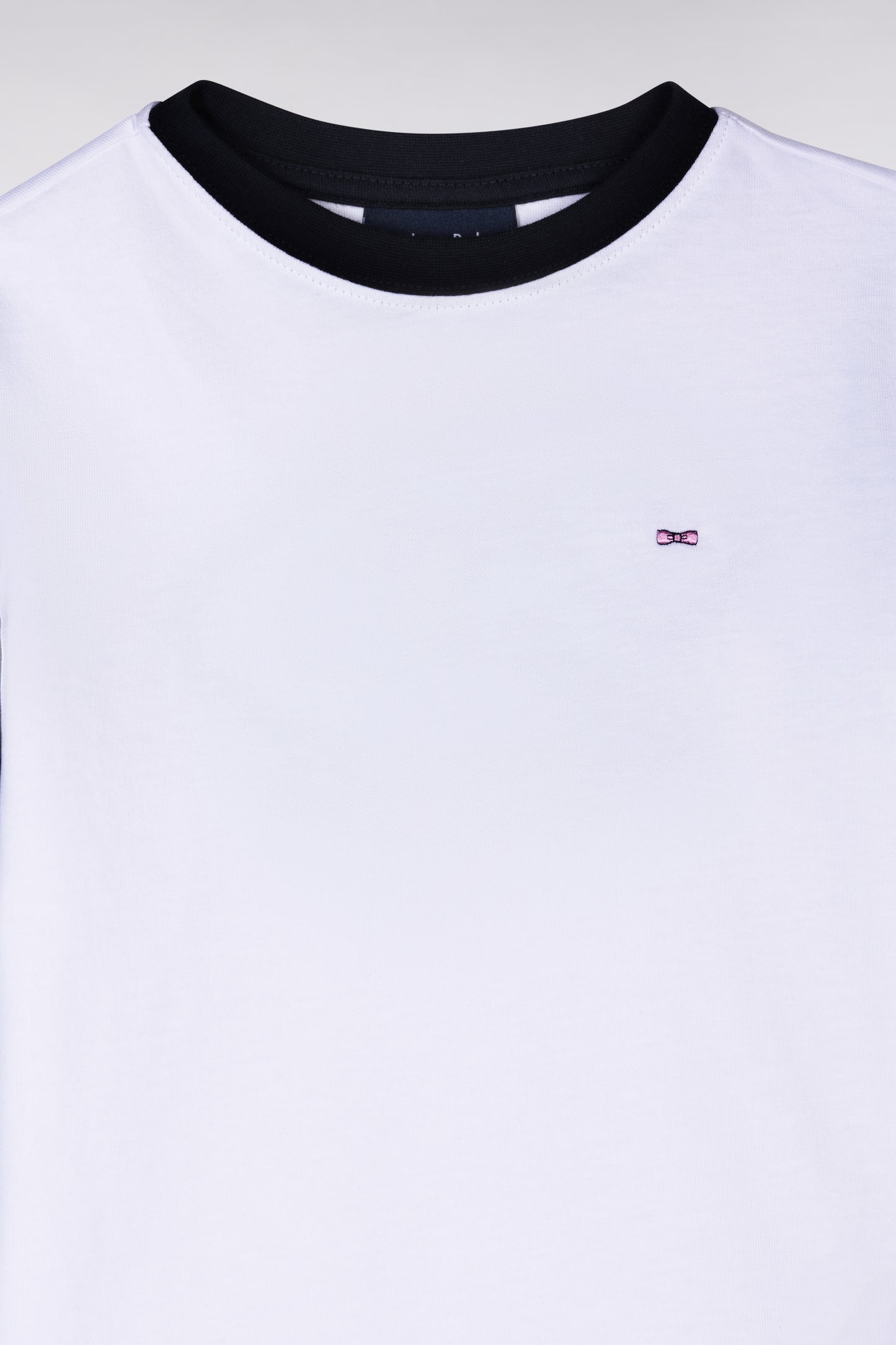 Navy and white cotton T-shirt with hooped back embroidery, straight cut