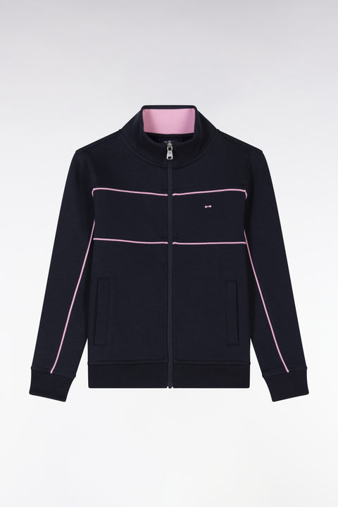 Sweatshirt en coton stretch zippé marine passepoils roses coupe droite - Image 1