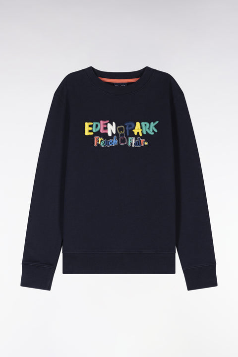 Sweatshirt en coton marine broderie multicolore coupe droite - Image 1