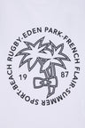 White cotton T-shirt with navy palm tree screen print, straight cut