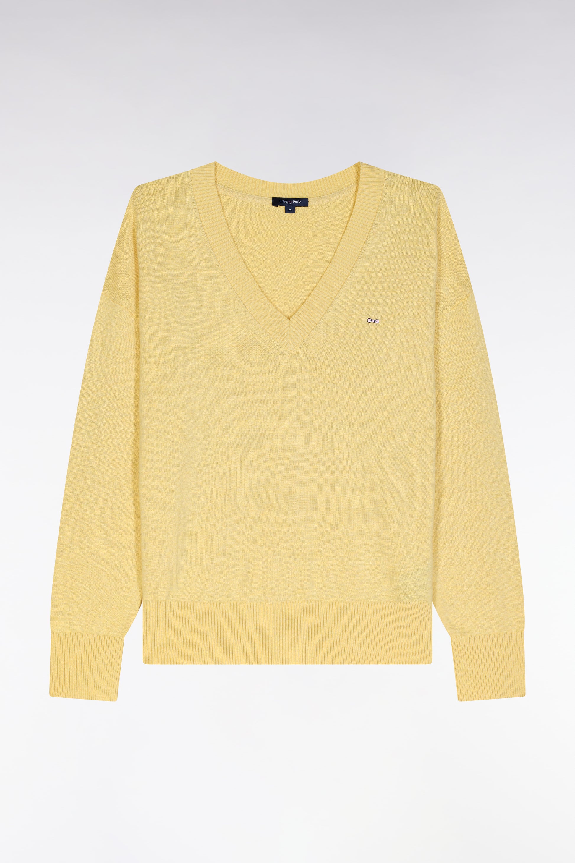Pull col V en coton jaune coupe décontractée