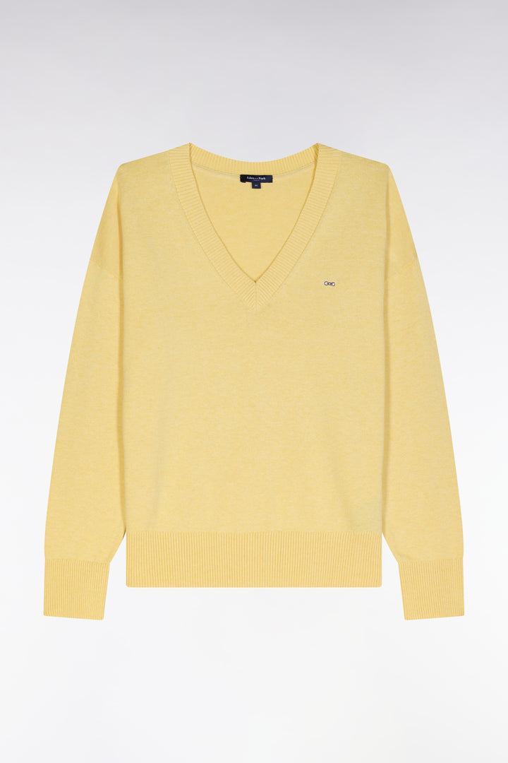 Pull col V en coton jaune coupe décontractée