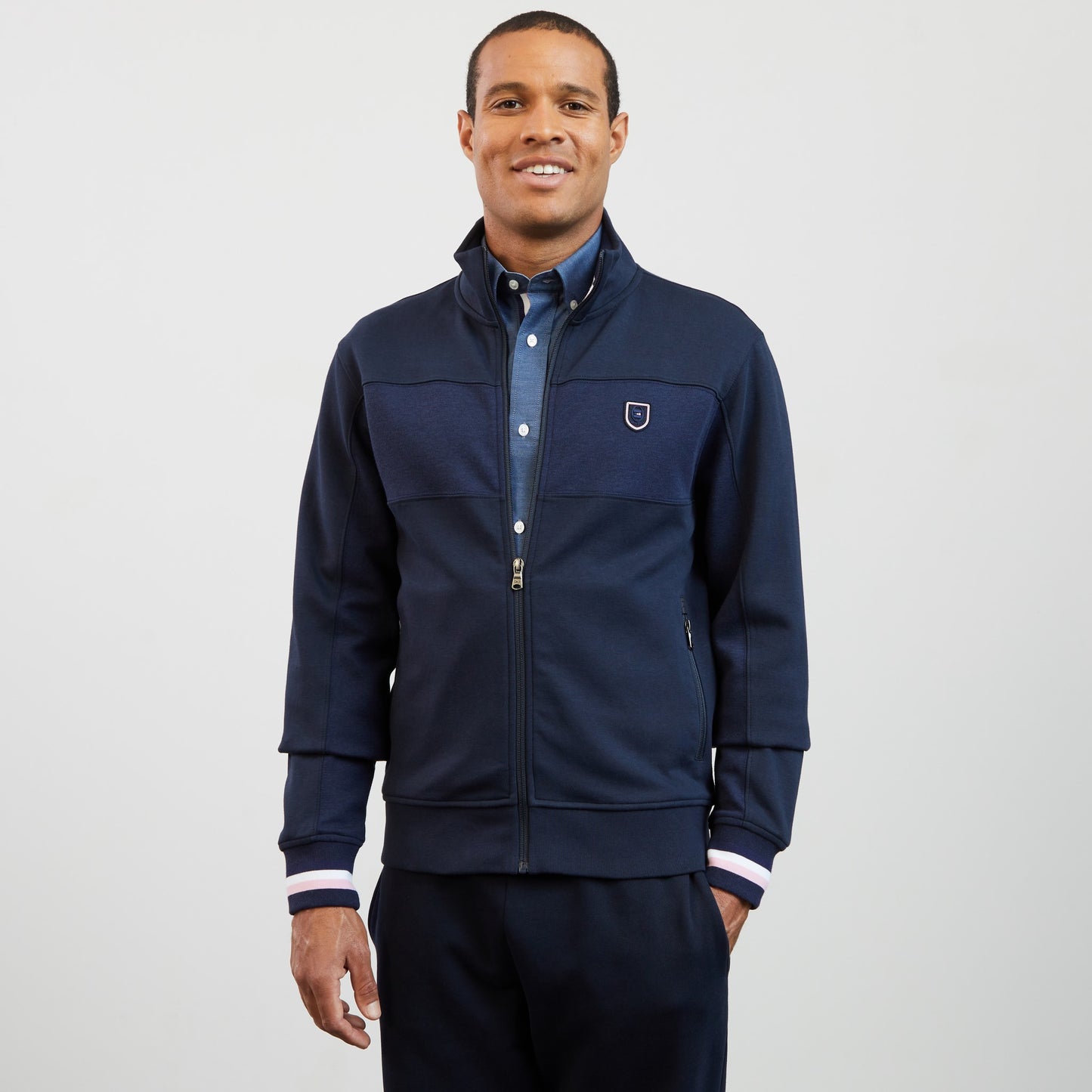Sweat bleu foncé zippé colorblock