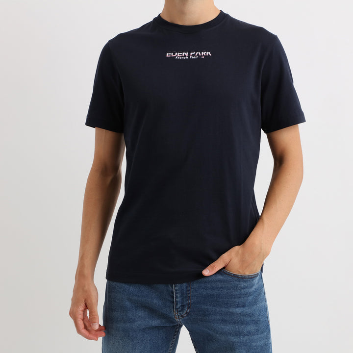 T-shirt marine à broderie tricolore en jersey coton
