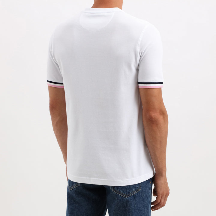 T-shirt blanc à bords-côtes tricolores en jersey coton