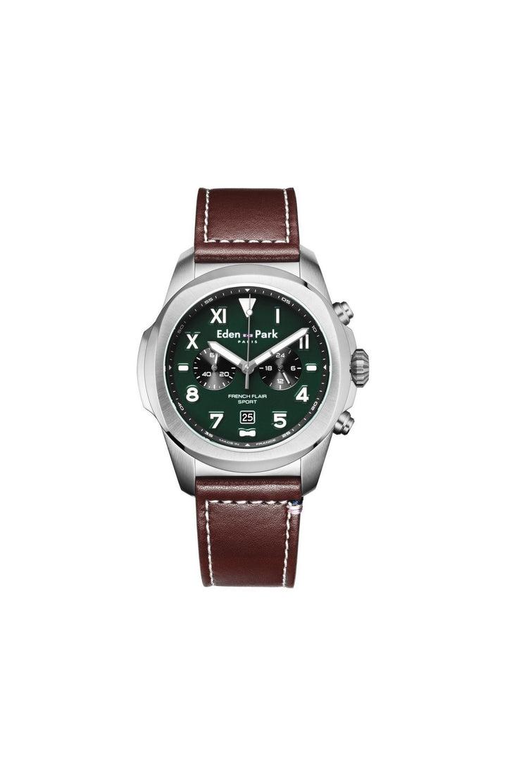 Montre à quartz chronographe en cuir vert