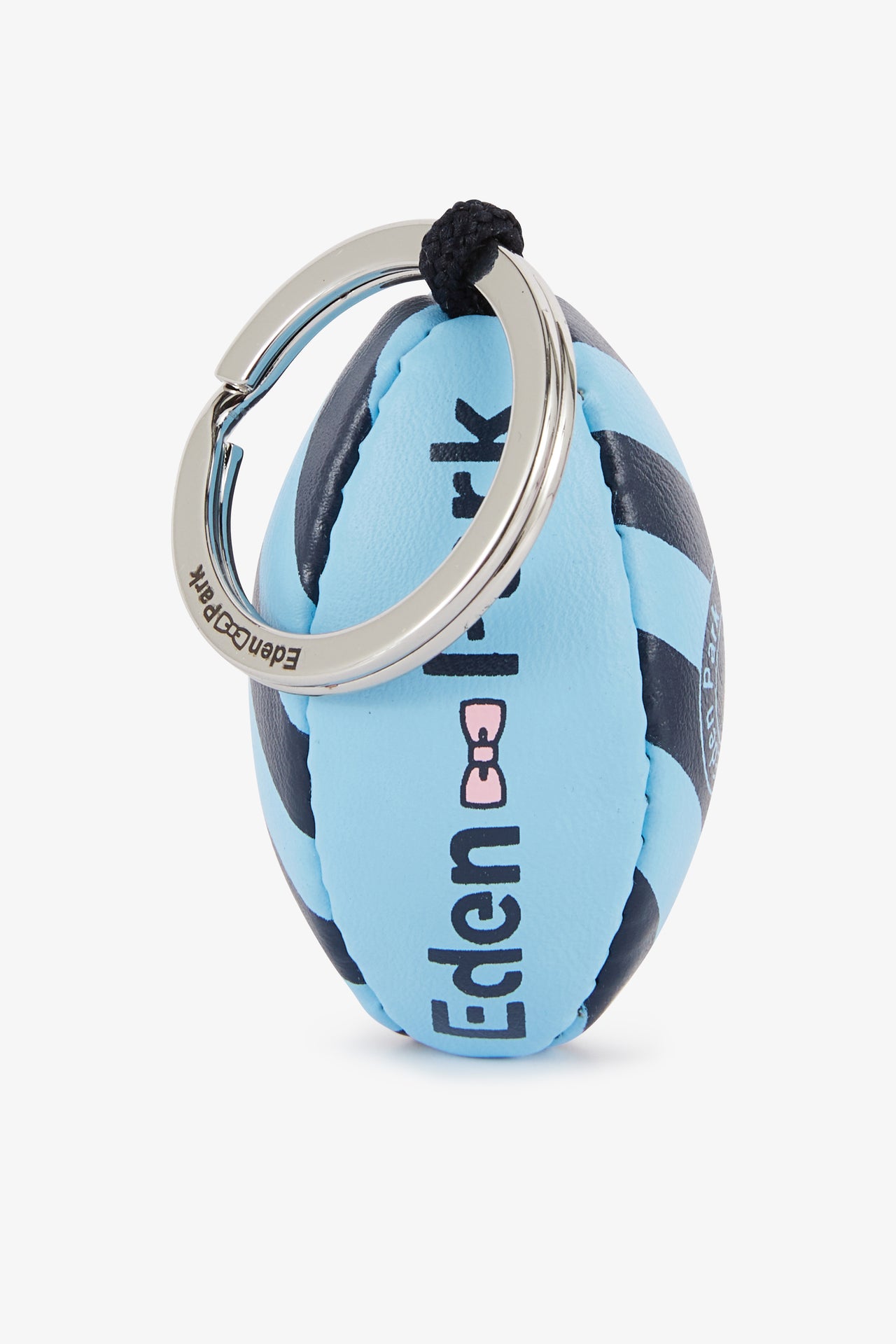 Porte-clés ballon de rugby bleu cerclé et sérigraphié