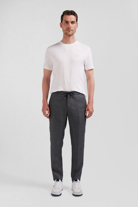 Grey lyocell and linen elastic waistband pants in Modern fit cut - Image 1