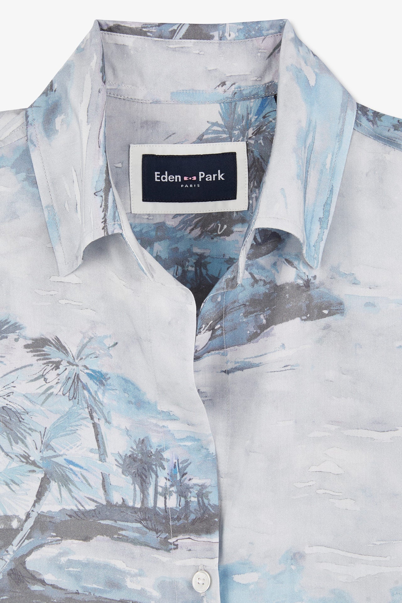 Robe chemise en lyocell bleu imprimé Palmiers