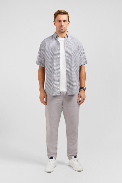 Dark blue cotton dobby checked shirt - Image 1