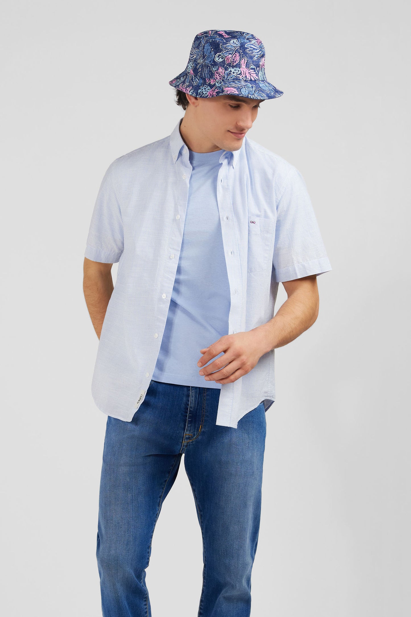 Chemisette rayée bleue en coton dobby