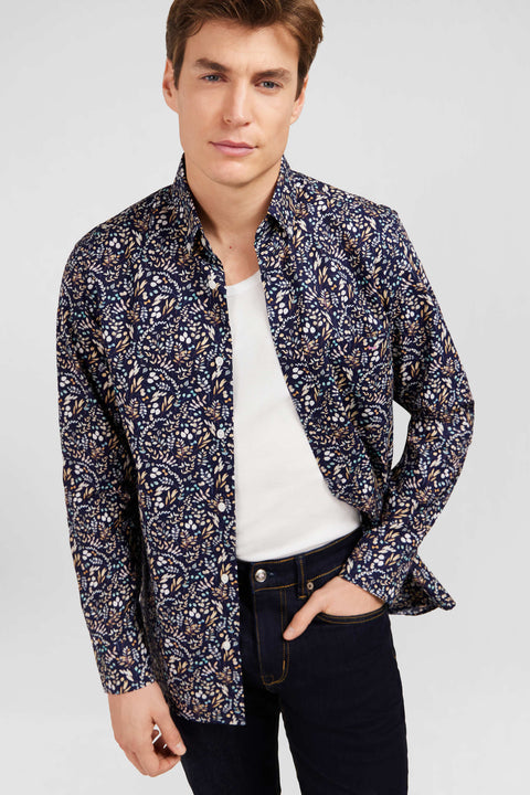 Chemise en popeline bleu foncé imprimée feuillage - Image 3