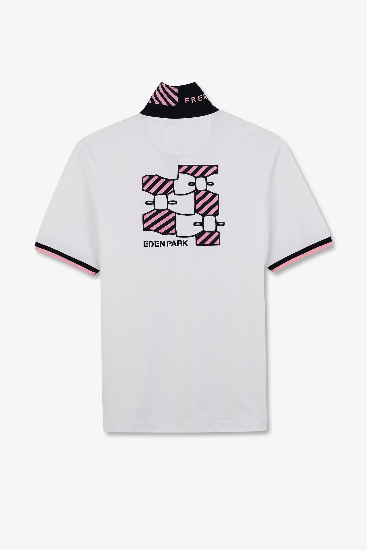 White rugby shirt with bow tie embroidery on back