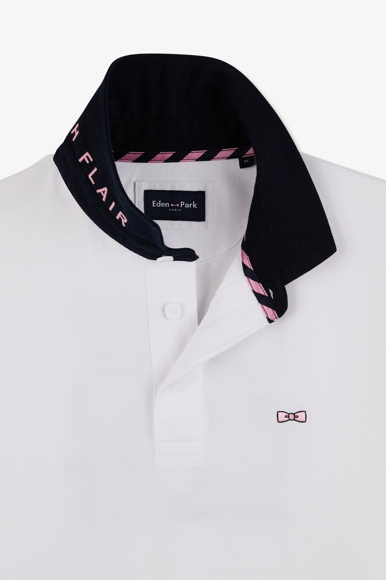 White rugby shirt with bow tie embroidery on back