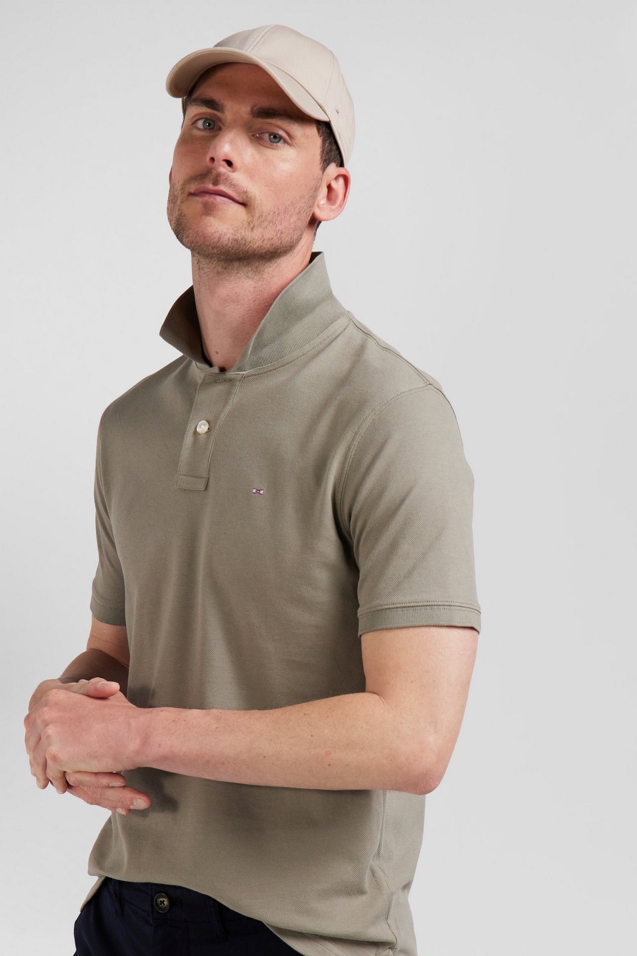 Plain beige short-sleeved polo shirt