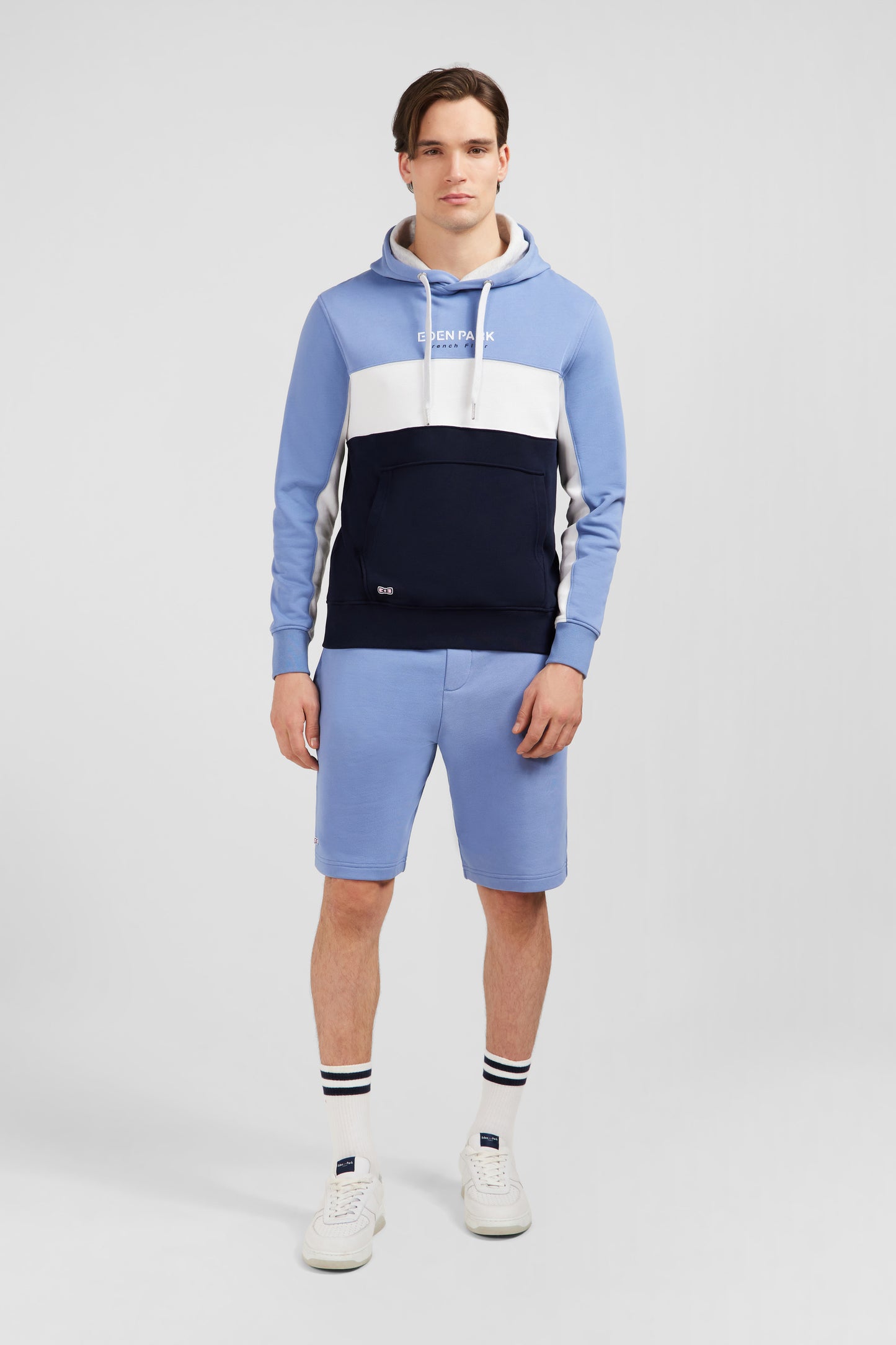 Blue colour-block hooded sweatshirt