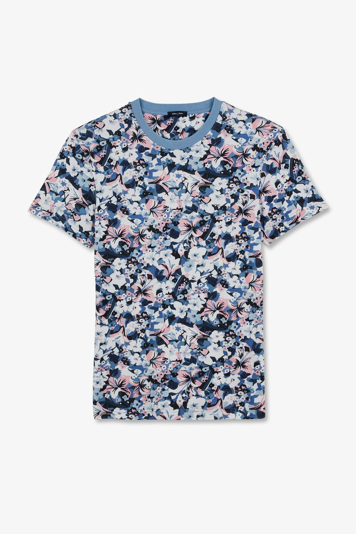 T-shirt bleu en coton piqué imprimé fleuri