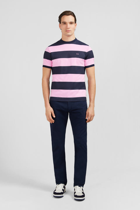 T-shirt manches courtes cerclé marine et rose en coton - Image 1