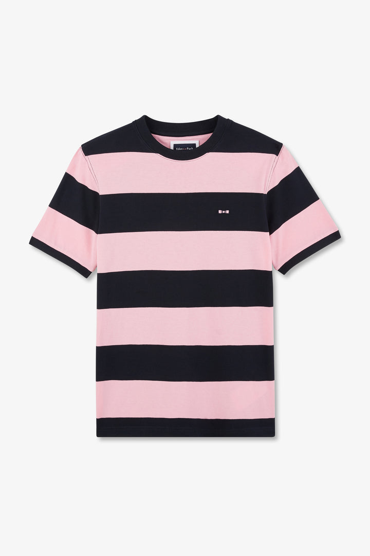 T-shirt manches courtes cerclé marine et rose en coton
