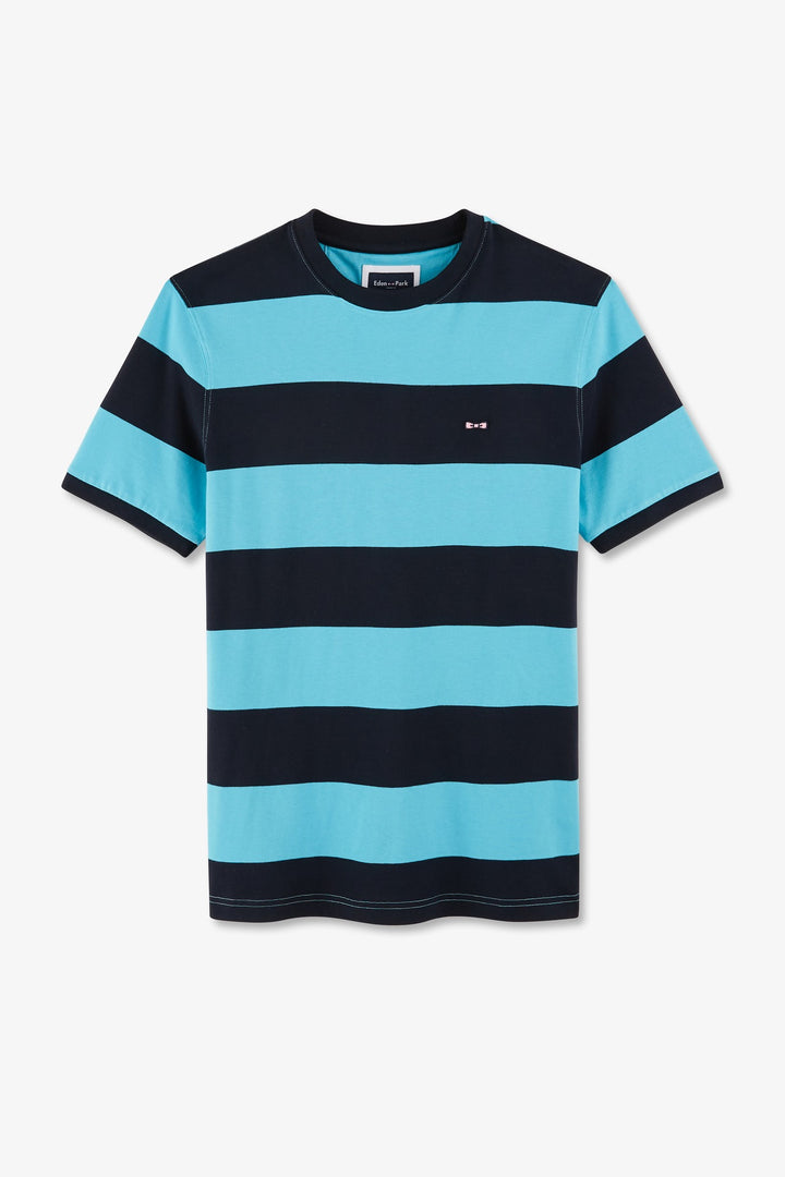 T-shirt manches courtes cerclé marine et turquoise en coton
