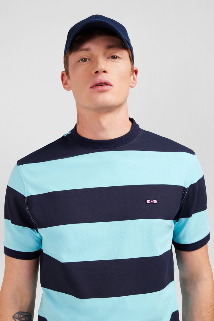 T-shirt manches courtes cerclé marine et turquoise en coton