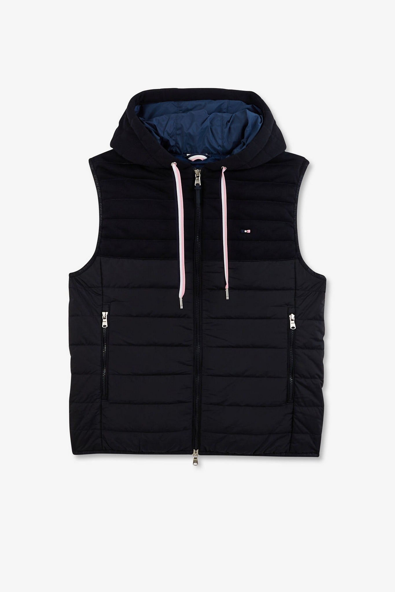 Navy blue sleeveless hooded puffa jacket
