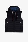 Navy blue sleeveless hooded puffa jacket