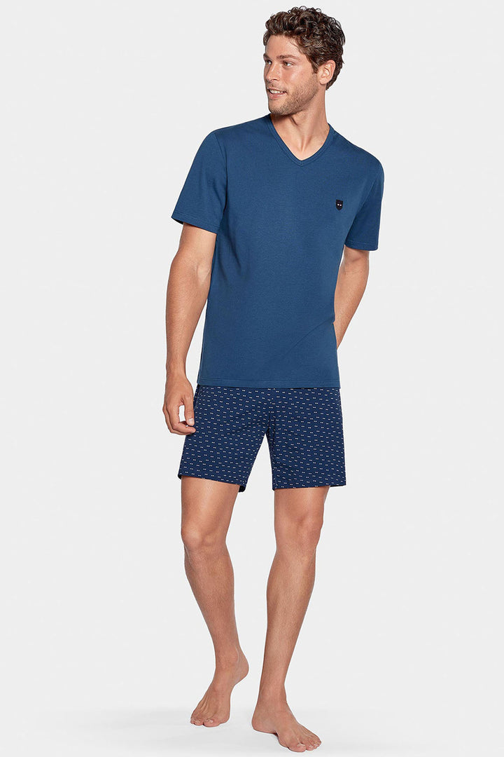 Pyjama court bleu à short micro motifs en jersey coton