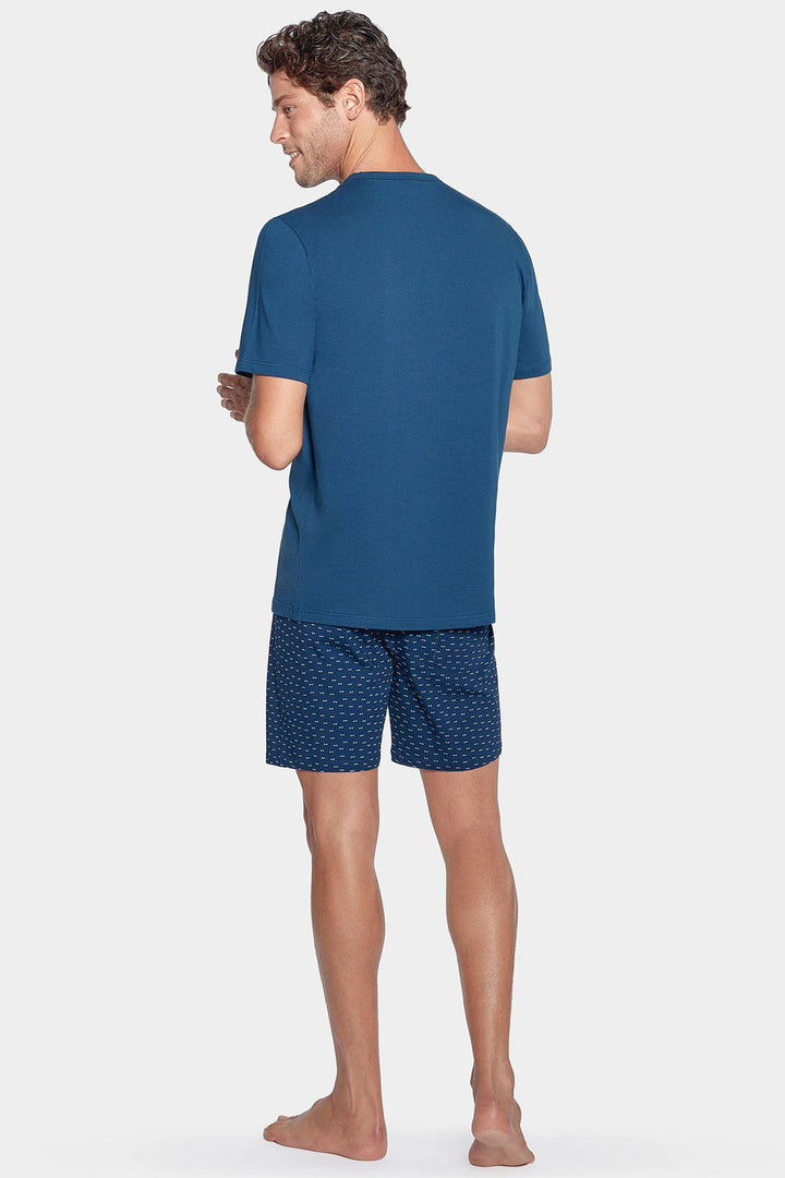 Pyjama court bleu à short micro motifs en jersey coton
