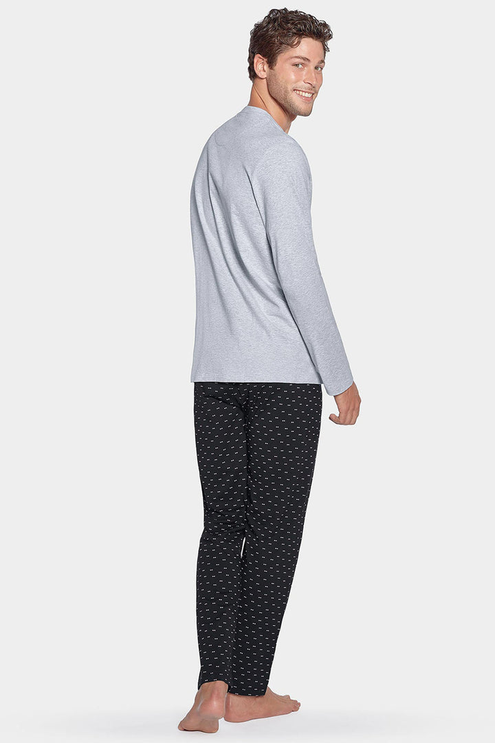 Pyjama long gris à micro motifs en jersey coton