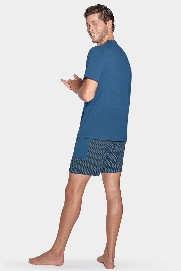 Pyjama court bleu short à micro motifs en jersey coton