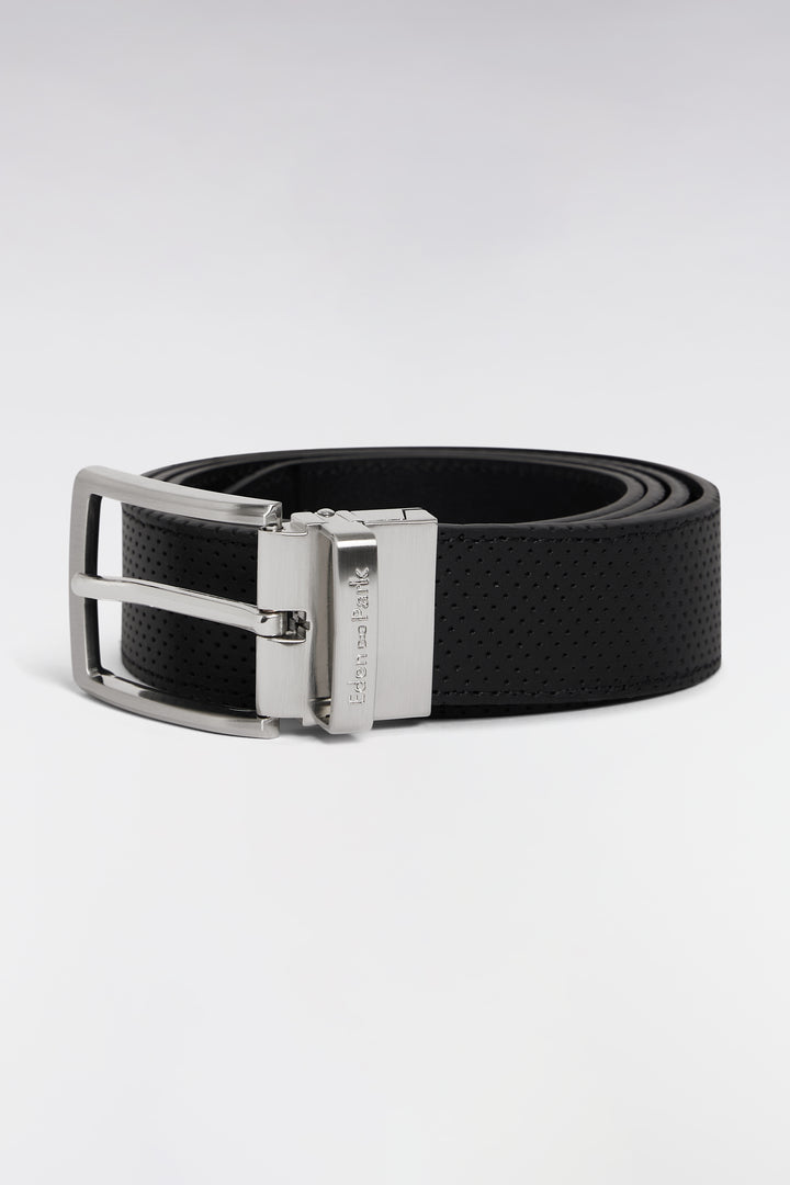 Coffret ceinture en cuir noire et deux boucles en métal argenté