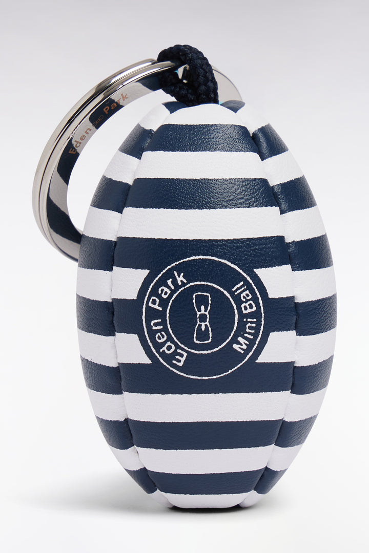 Porte-clefs ballon de rugby cerclé ciel et marine